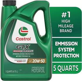 03112 Castrol High Mileage Motor Oil 20w-50 Synthetic Vehicle Life Extend Gtx 5 Quart