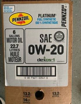 550036473 Pennzoil Platinum 0-20 6-gal./22.71-liter. Bib/pit Pack Ships Free